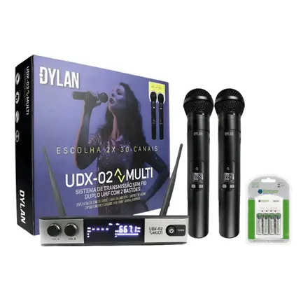 KIT MICROFONE SEM FIO DYLAN UDX02 UHF C/ CARREGADOR DE BATERIA BAP-551 C/4-AA 2700MAH
