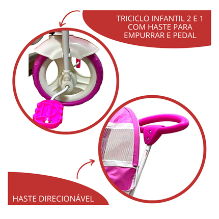 Triciclo Motoca Infantil Passeio Rosa com Empurrador e Cobertura BW003-R  IMPORTWAY