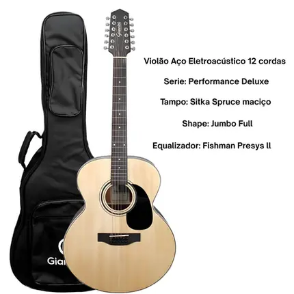 VIOLAO GIANNINI J12 DLX EQ NS DELUXE ACO 12 EL/AC JB TAMPO MACICO NS C/ BAG