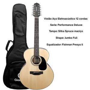 VIOLAO GIANNINI J12 DLX EQ NS DELUXE ACO 12 EL/AC JB TAMPO MACICO NS C/ BAG