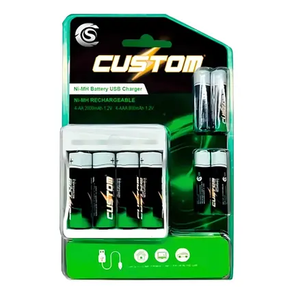 KIT DE PILHAS COM CARREGADOR USB CUSTOM POWER 4XAA HR6 E 4XAAA HR03 1,2V NI-MH CSCU 08