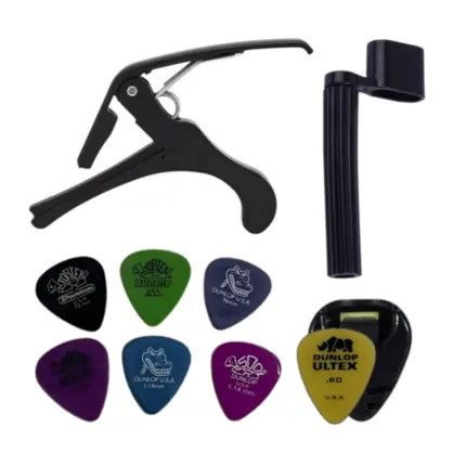 KIT CAPOTRASTE PARA GUITARRA E VIOLAO + PORTA PALHETA + ENROLADOR + PALHETAS DUNLOP