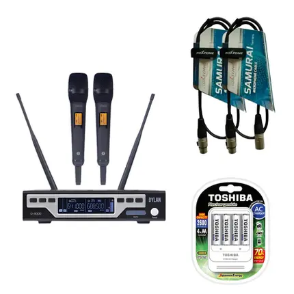 KIT MICROFONE DYLAN D-8000S / CARREGADOR DE PILHA TOSHIBA C/4 AA / CABO ROXTONE C/ CONEXAO XLRM XLRF