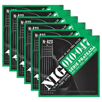 Kit 6 Encordoamentos Nig 010 P/ Violão Aço Série Prateada N420