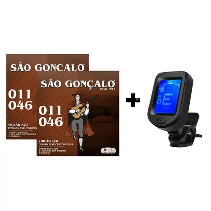 KIT 2 ENCORDOAMENTOS SAO GONCALO VIOLAO 011 ACO PRATA + AFINADOR DIGITAL